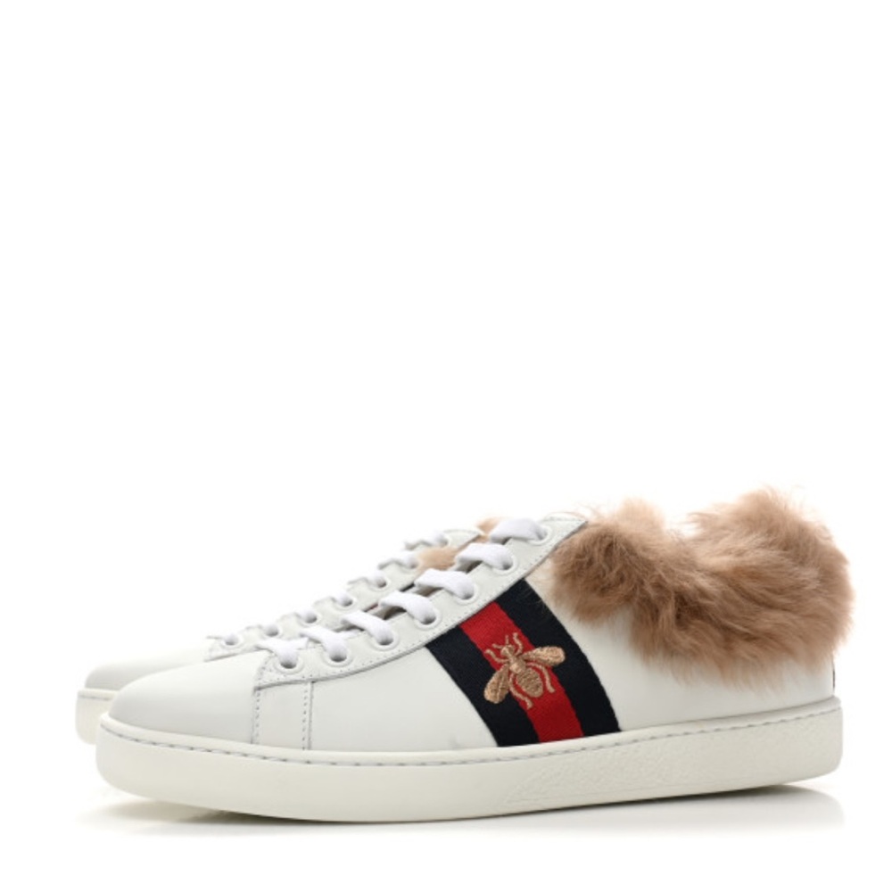 $850 Gucci Calfskin Wool Web Bee Embroidered Fur Ace Sneakers 38.5 White 8